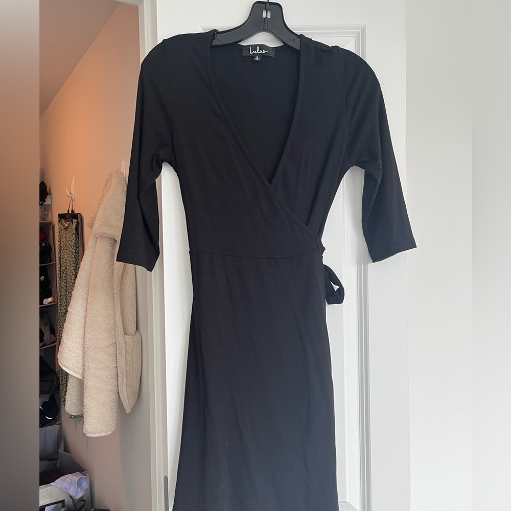 Lulu’s All At Once Black Three-Quarter Sleeve Wrap Dress